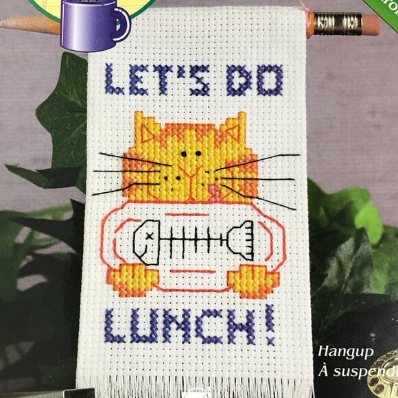 On the Job Learn to Cross Stitch Kit #2062 Let's Do Lunch! Cat/Fish 2.5" x 4.25" - Picture 3 of 3